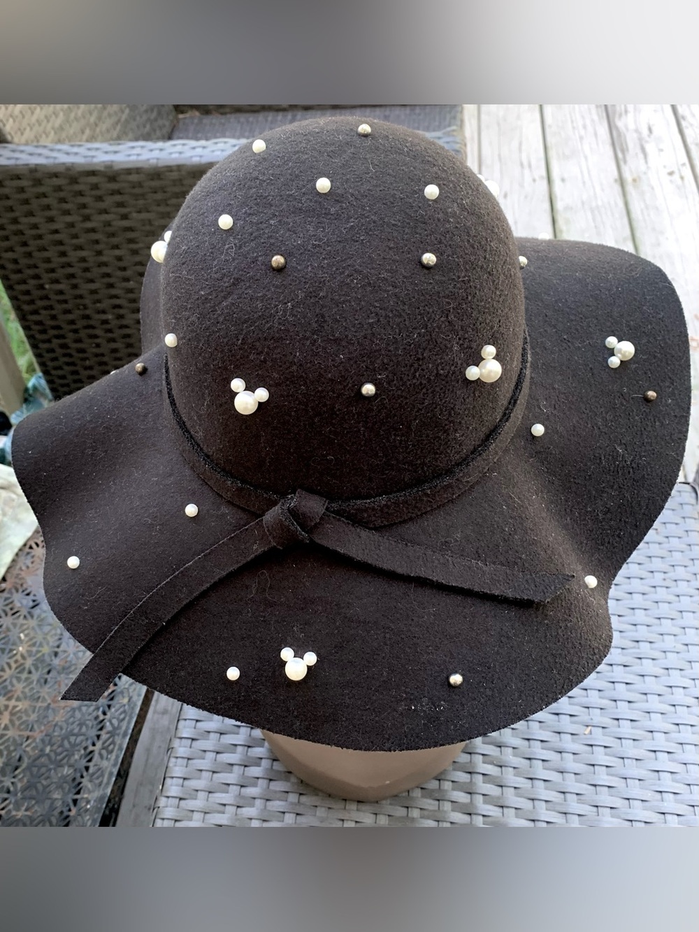 Black Wool Floppy Hat with Pearl Embellishments